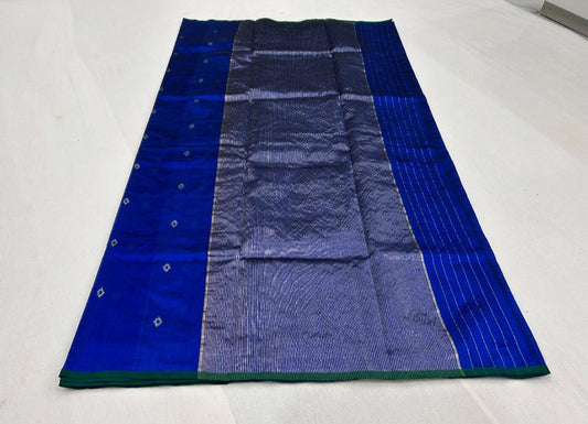 Chanderi Pattu Silk Saree – Royal Blue with Silver Buti & Green Border