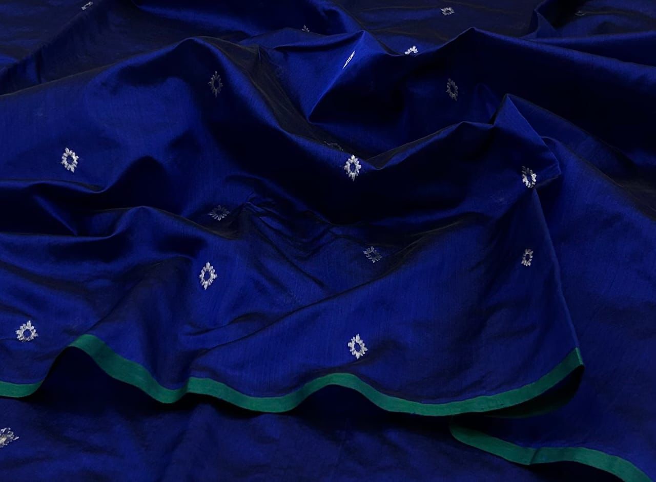 Chanderi Pattu Silk Saree – Royal Blue with Silver Buti & Green Border