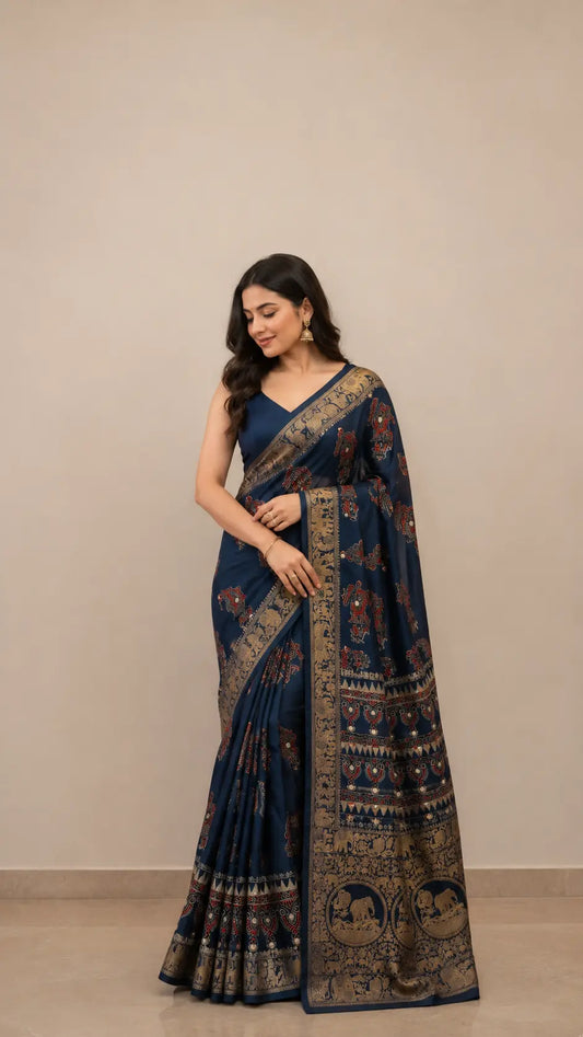 Ajrakh Block Printed Modal Silk Saree with light Mirror work in Blue