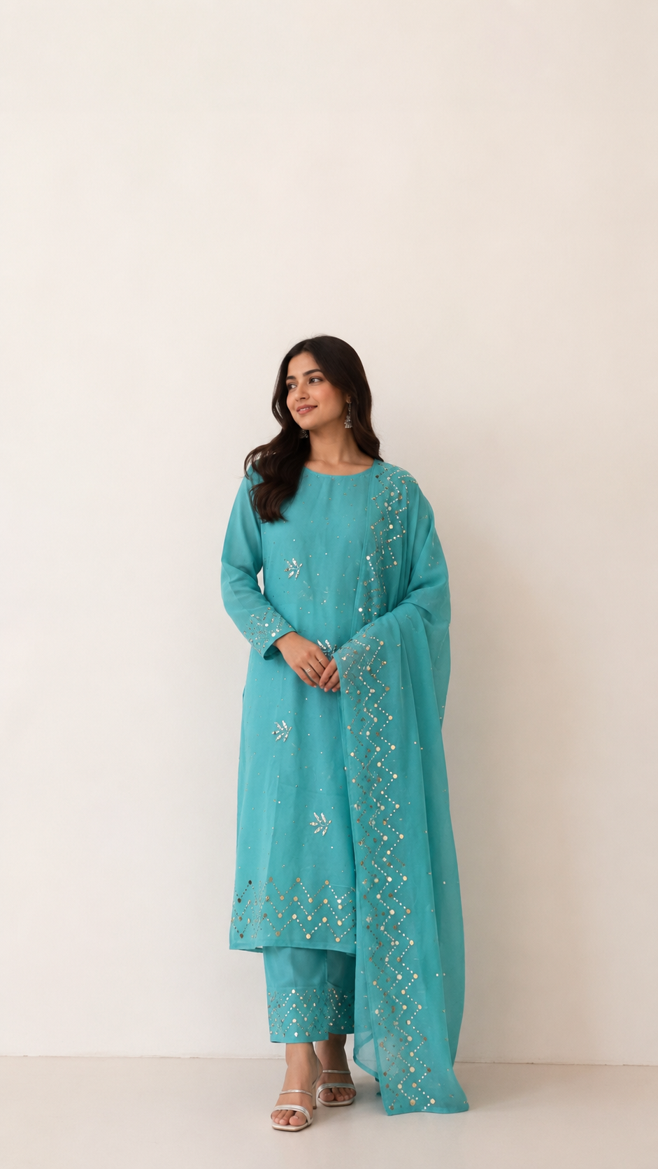 Turquoise Mukaish Kamdani Suit in Mul Cotton