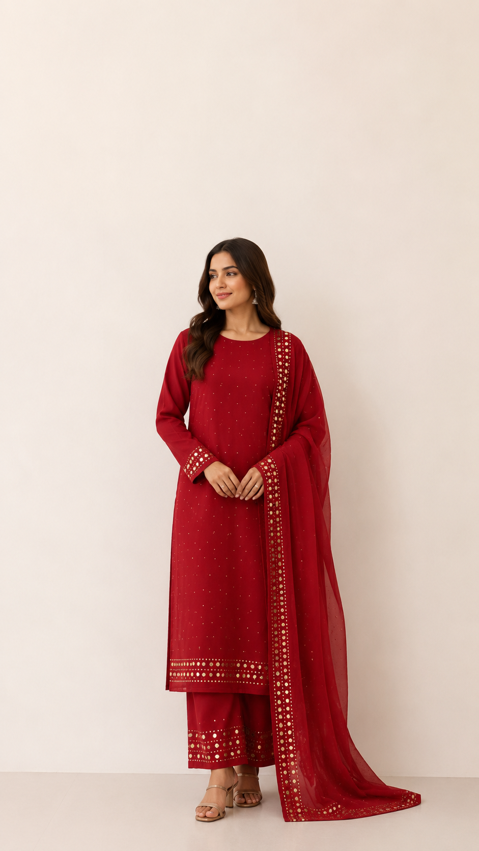 Ruby Red Mukaish Kamdani Suit in Mul Cotton