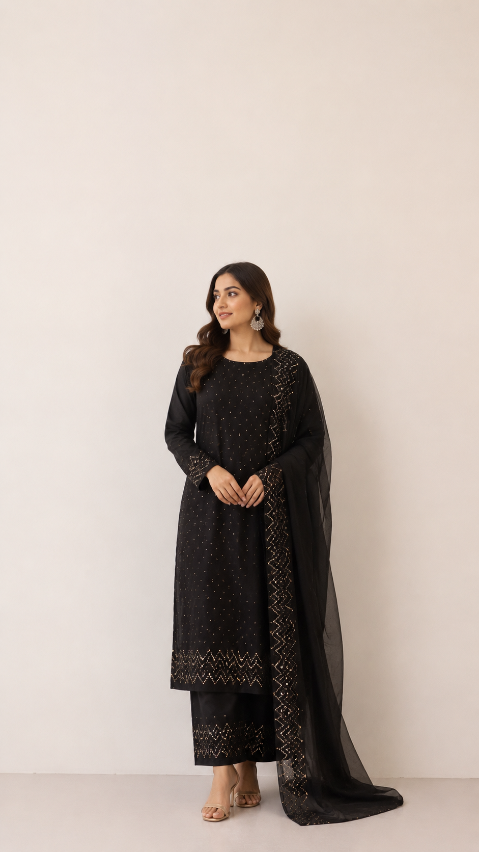 Classic Black Mukaish Kamdani Suit in Mul Cotton