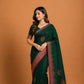 Green Banarasi Raw Silk Saree | Contrast Rani Pink Border | Wedding Silk Saree