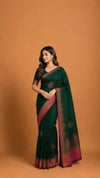 Green Banarasi Raw Silk Saree | Contrast Rani Pink Border | Wedding Silk Saree