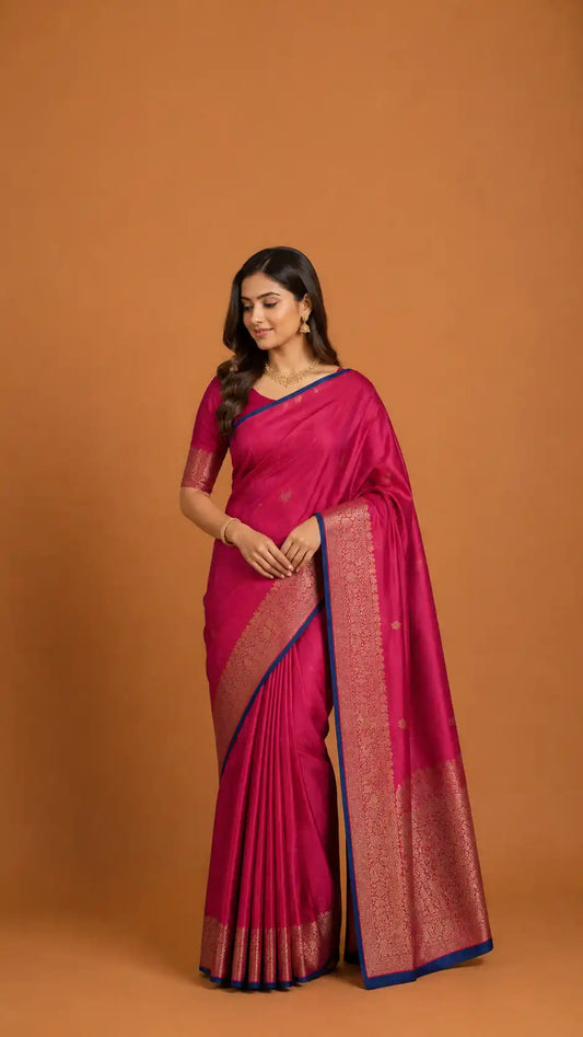 Pink Banarasi Raw Silk Saree | Blue Contrast Border | Wedding Silk Saree with Blouse