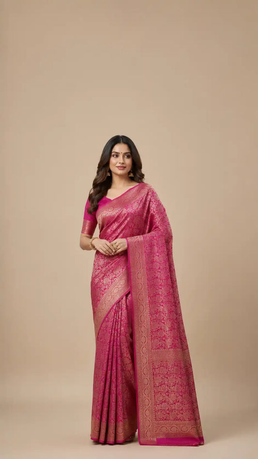Pure Khaddi Crepe Georgette Banarasi Handloom Saree-Brocade in Royal Pink