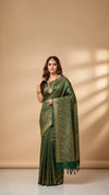 Pure Khaddi Crepe Georgette Banarasi Handloom Saree-Brocade in Bottle Green