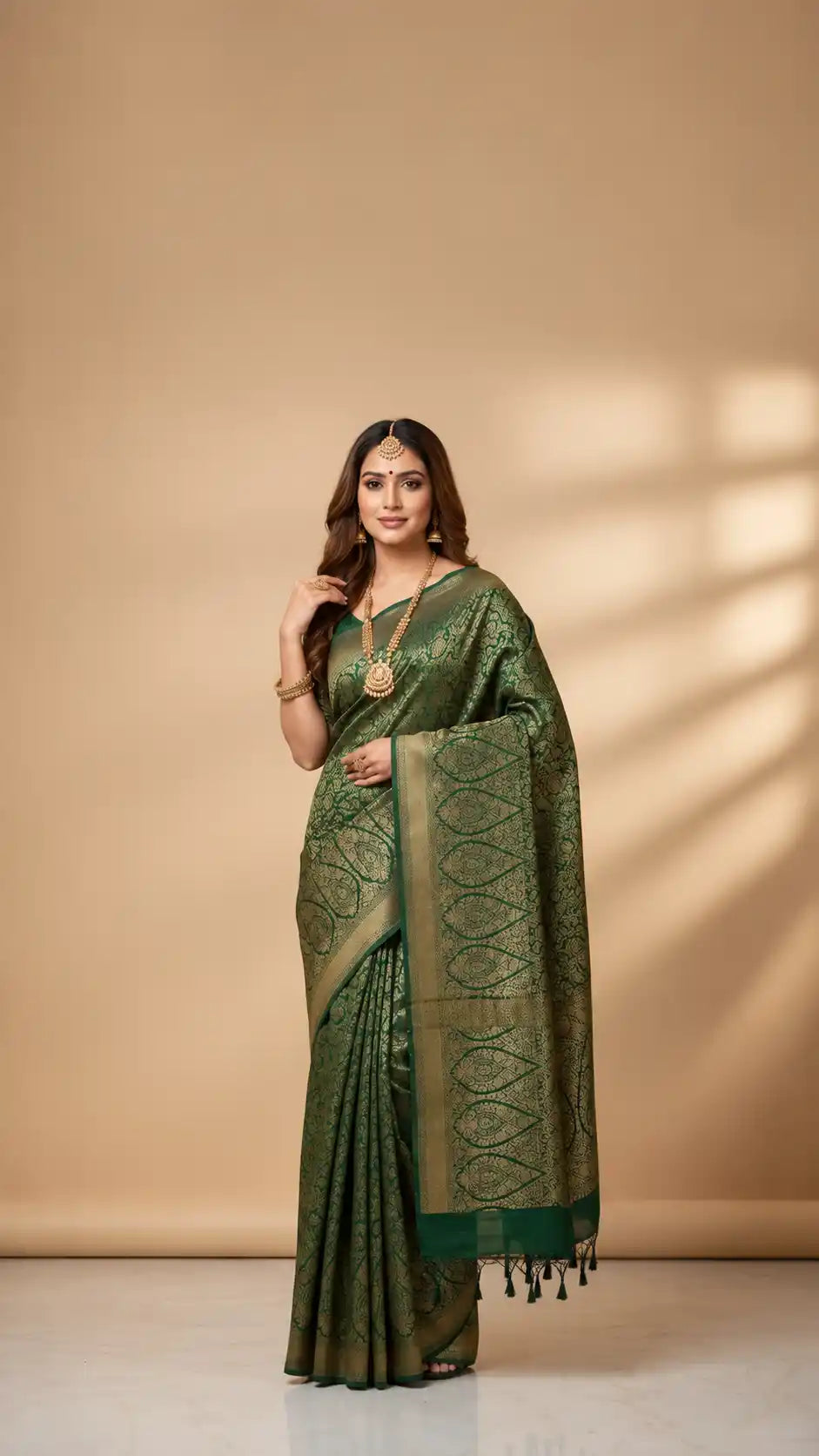 Pure Khaddi Crepe Georgette Banarasi Handloom Saree-Brocade in Bottle Green