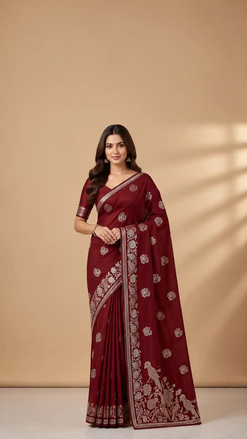 Maroon Banarasi Semi Crepe Saree | Gold Zari Bird Border Saree | Wedding & Party Wear Silk