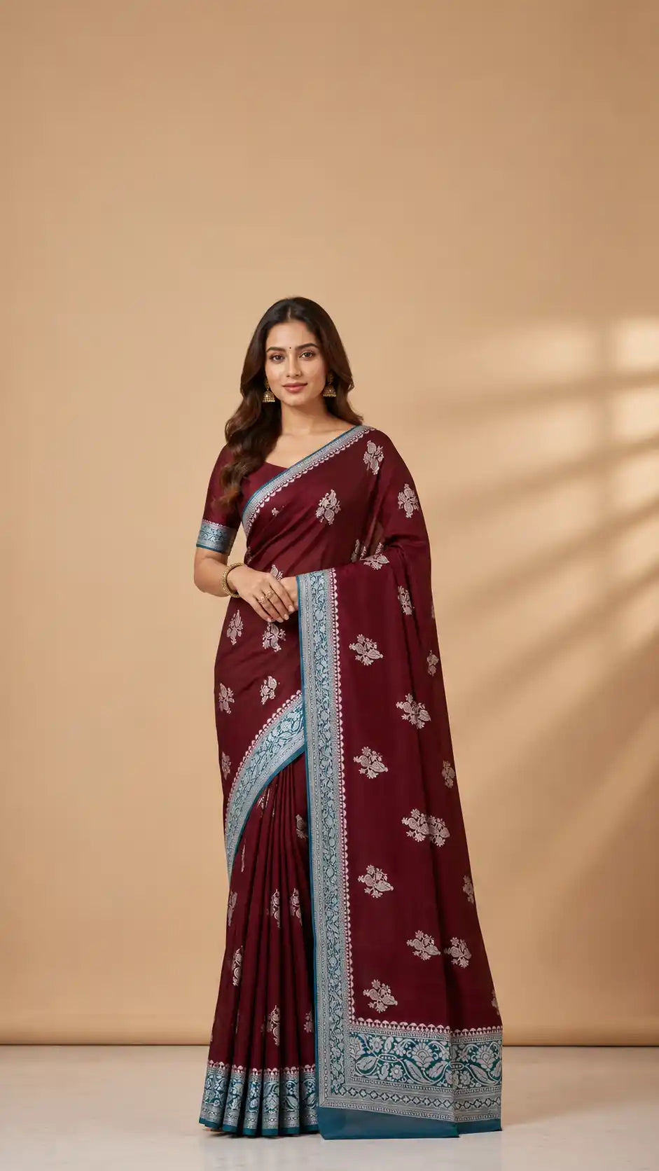 Wine and Blue Banarasi Semi Crepe Saree | Silver Zari Weaving Party Wear