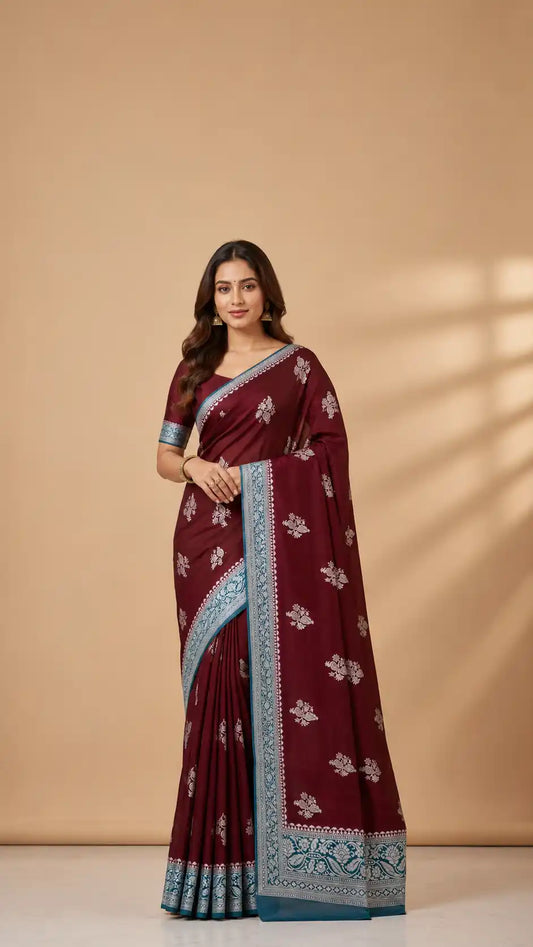 Wine and Blue Banarasi Semi Crepe Saree | Silver Zari Weaving Party Wear