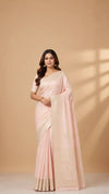 Light Pink Banarasi Crepe Saree | Pastel Silk Saree with Zari Border | Wedding & Party Wear