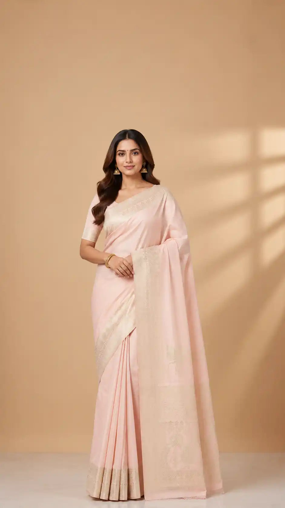Light Pink Banarasi Crepe Saree | Pastel Silk Saree with Zari Border | Wedding & Party Wear