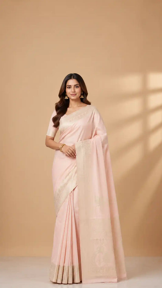 Light Pink Banarasi Crepe Saree | Pastel Silk Saree with Zari Border | Wedding & Party Wear