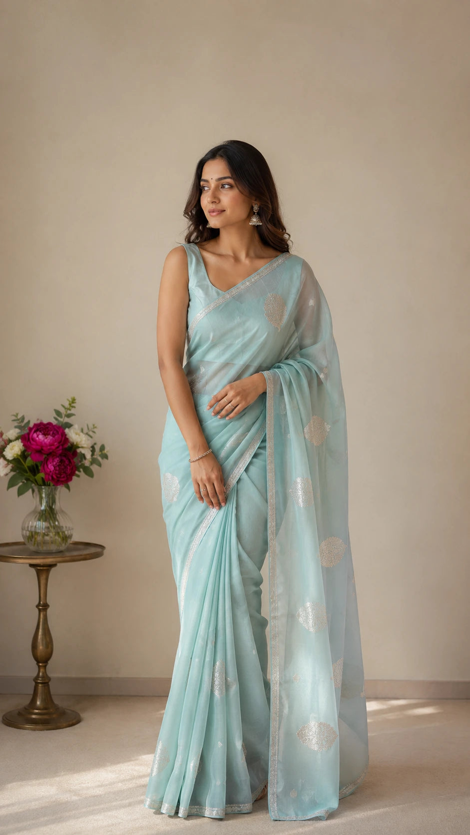 Pastel Blue Banarasi Chiffon Saree | Handloom Banarasi Silver Zari Buti Saree