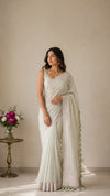 Sage Green Pastel Banarasi Chiffon Saree with Silver Zari Border & Rich Tassels