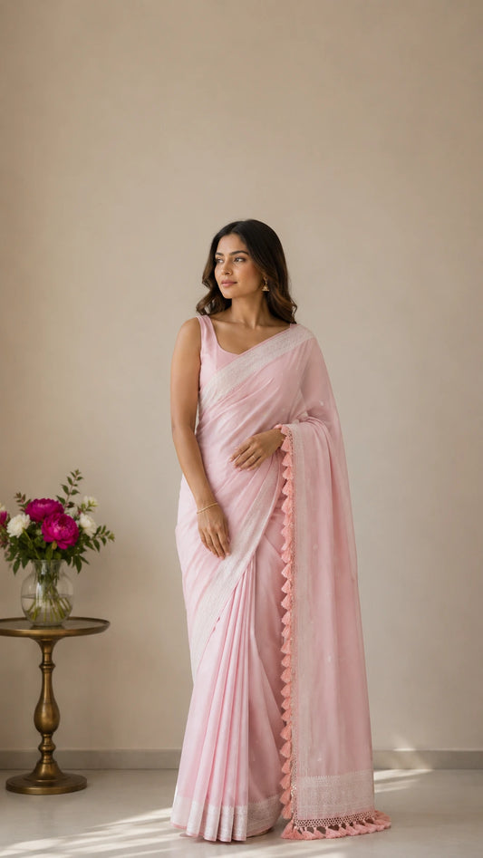 Pink Peach Pastel Banarasi Chiffon Saree with Silver Zari Border & Rich Tassels