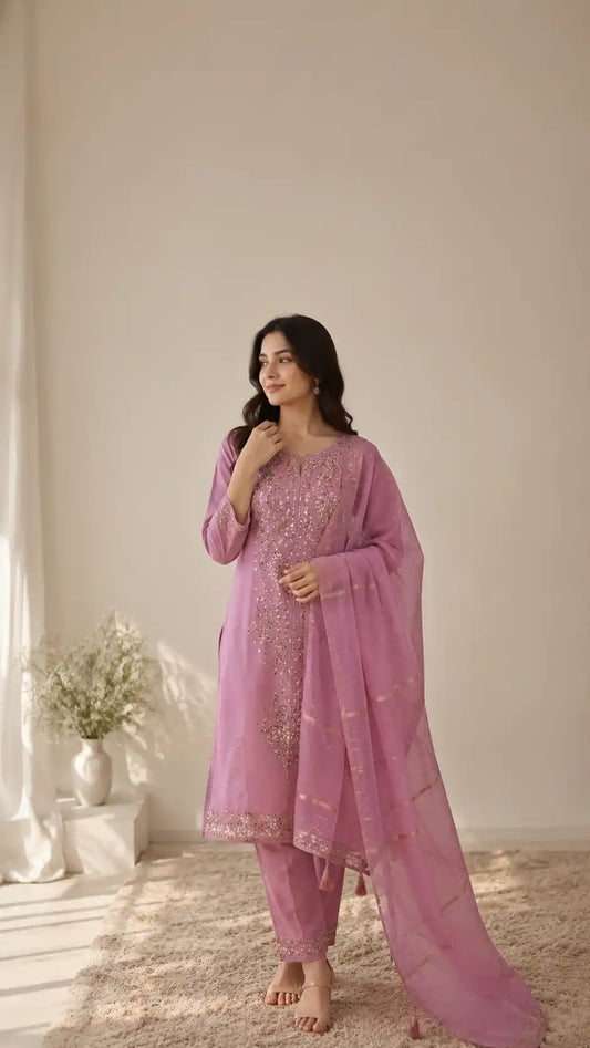 Pink Mukaish Kamdani Suit in Mul Cotton
