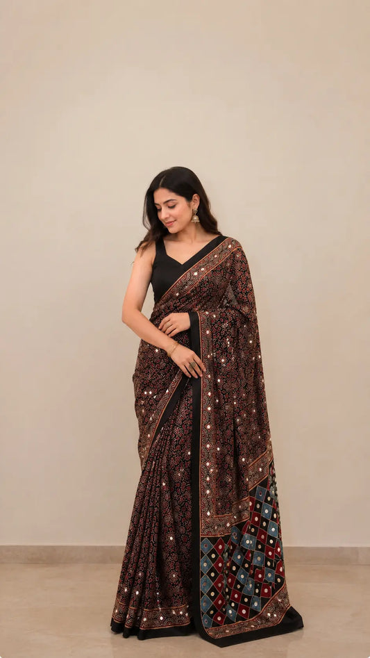 Ajrakh Block Printed Modal Silk Saree with light Mirror work