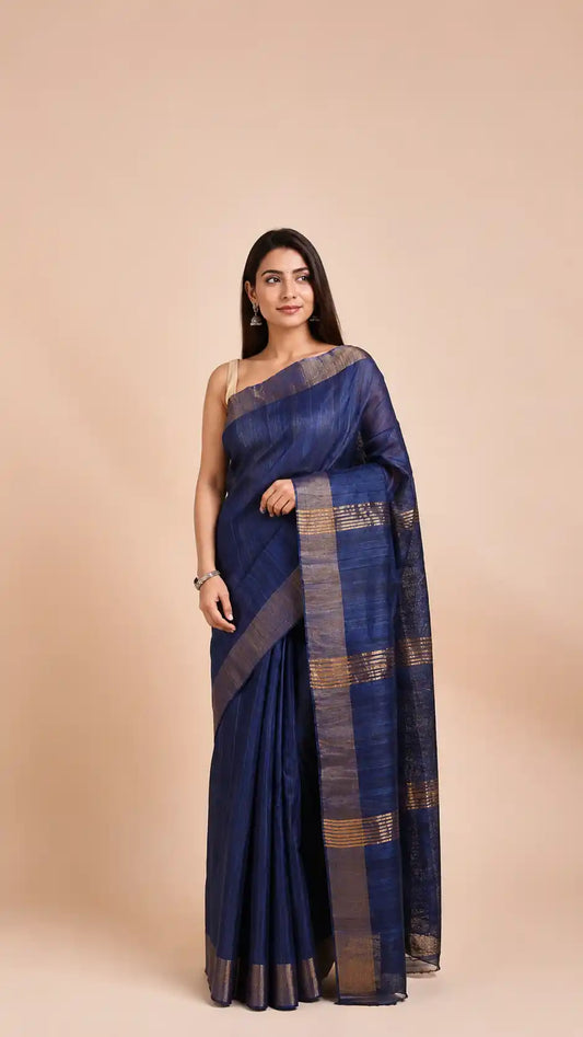 Royal Blue Tussar Geecha Silk Premium Saree| Authentic Bhagalpur Silk Saree