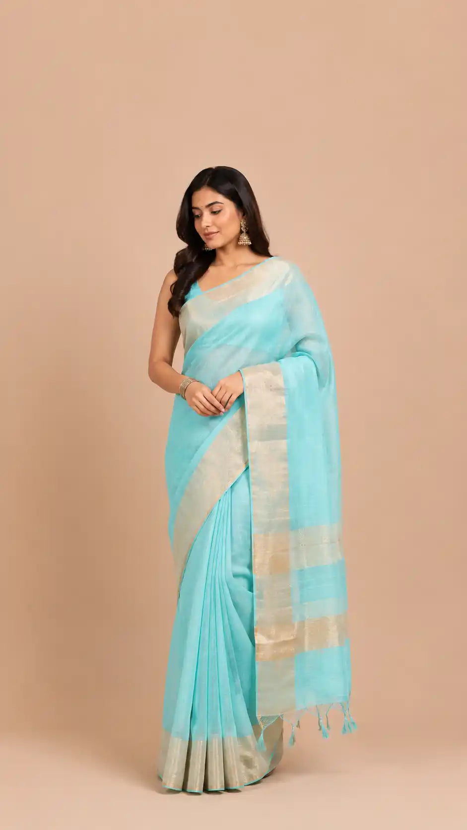Sea Green Tussar Silk Saree | Raw Silk Saree for Weddings | Tussar Silk with Gold Border | Authentic Bhagalpur Tussar Saree