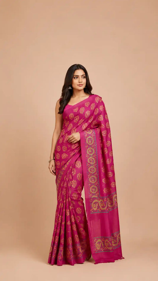 Magenta Tussar Silk Saree | Block Printed Pure Silk | Handloom Party Wear Saree