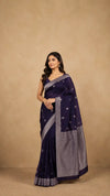 Purple Kanjivaram Silk Saree | Silver Zari Border | Contrast Green Blouse