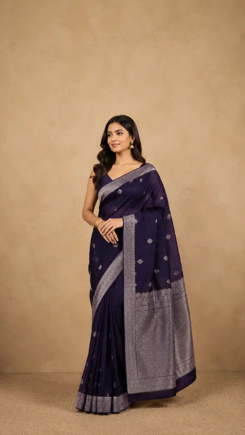 Purple Kanjivaram Silk Saree | Silver Zari Border | Contrast Green Blouse