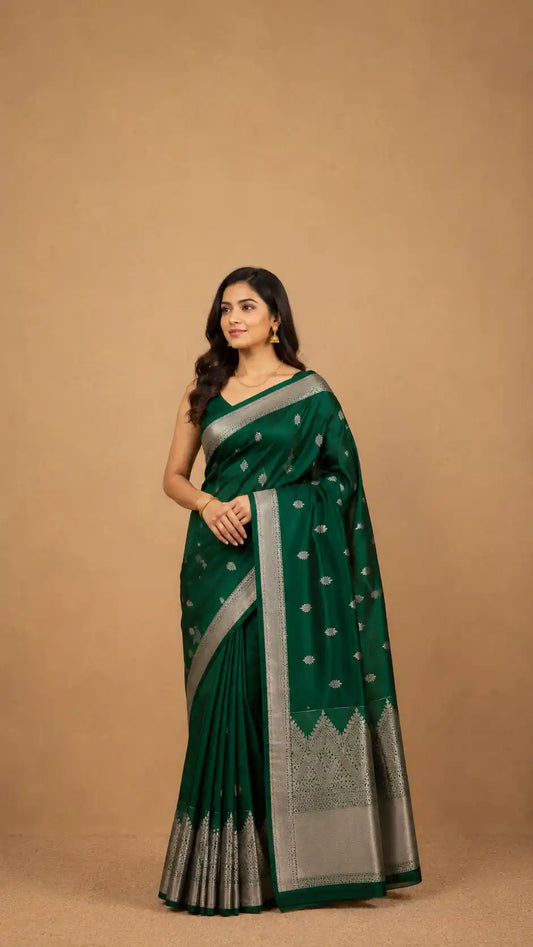 Green Kanjivaram Silk Saree | Silver Zari Wedding Wear | Pure Handloom Saree