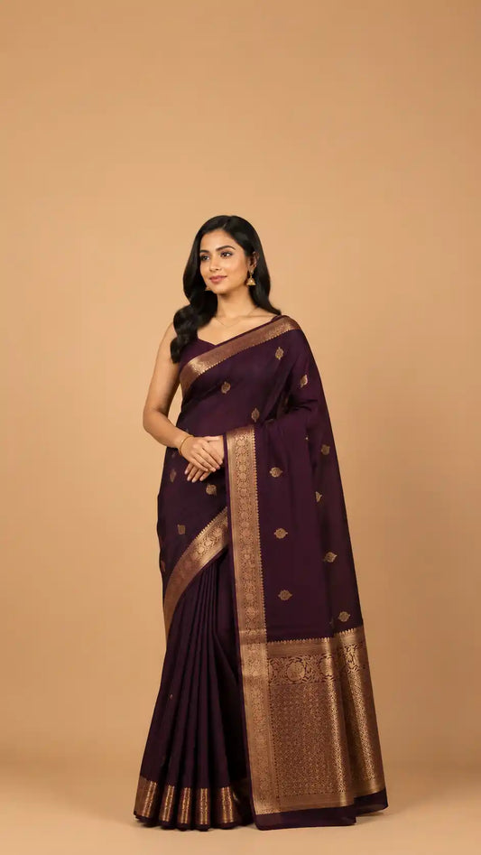 Wine Kanjivaram Silk Saree | Copper Zari Small Butti Wedding Wear