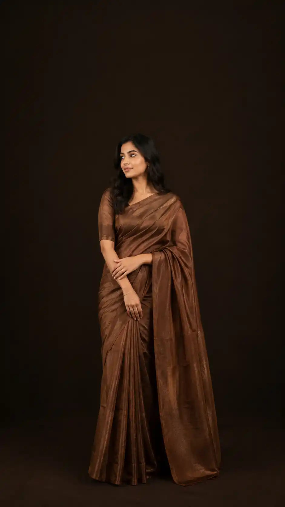 Dark Coffee Tissue Silk Saree | DuskyDrapes Pure Tissue | Luxury Brown Metallic Wedding Saree