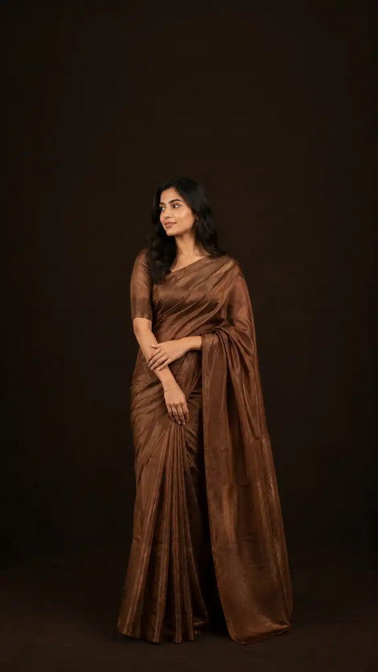 Dark Coffee Tissue Silk Saree | DuskyDrapes Pure Tissue | Luxury Brown Metallic Wedding Saree