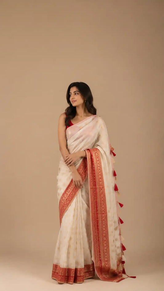 Ivory Tissue Silk Saree | White & Red Wedding Saree | Gold Polka Dot Tissue Saree | Designer Tissue Silk for Bridesmaids | Party Wear Tissue Saree