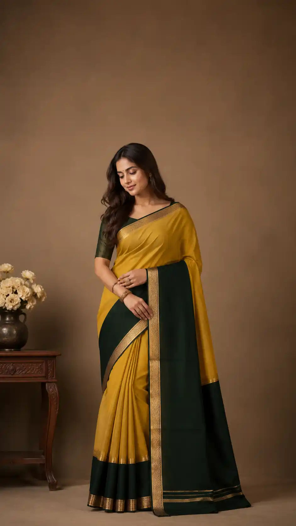 Yellow Green Mysore Silk Saree | Bottle Green Border | Pure Mysore Silk Wedding Saree