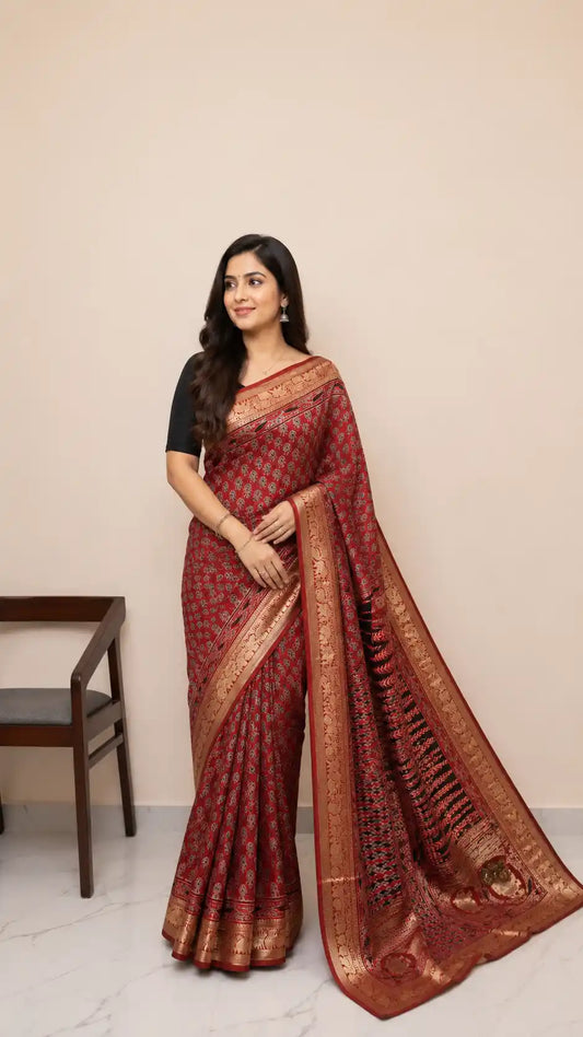 Dolla Modal Silk Saree | Red Banarasi Modal Silk | Soft Silk Saree with Heavy Zari Border | Wedding & Party Wear Saree