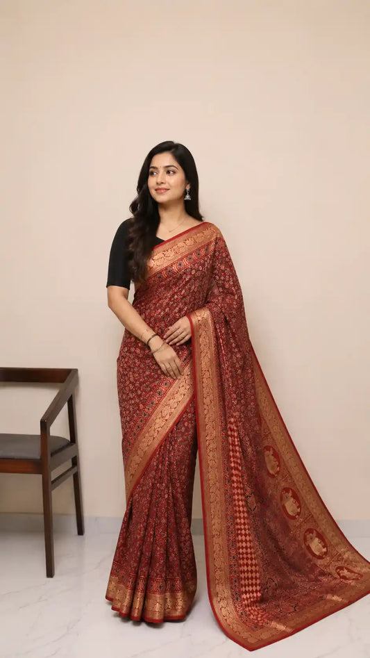 Dolla Modal Silk Saree | Red Banarasi Modal Silk | Soft Silk Saree with Heavy Zari Border | Wedding & Party Wear Saree