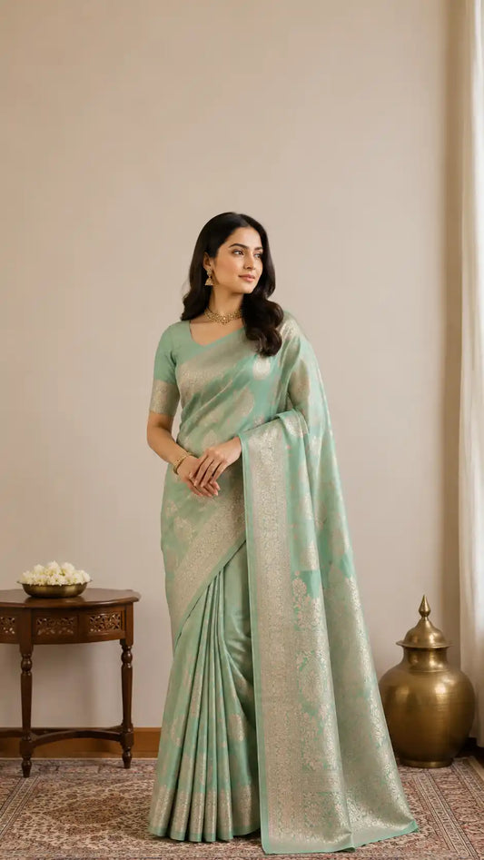 Green Banarasi Semi Silk Saree | Gold Zari Wedding Wear for Women