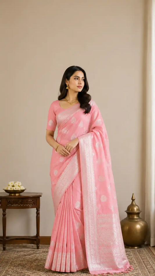 Pink Banarasi Semi Silk Saree | Silver Zari Semi Silk Saree | Pink & Silver Wedding Saree | Designer Banarasi Silk