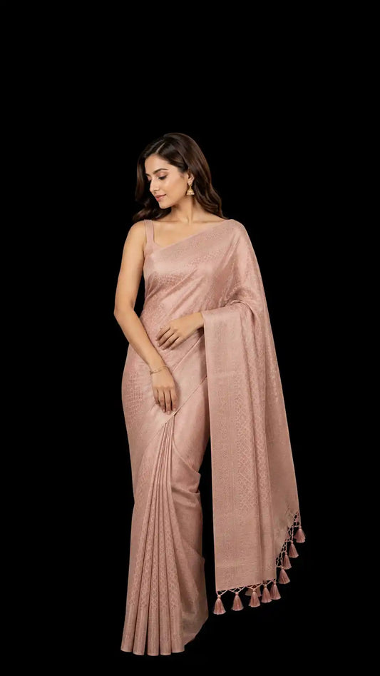 Pastel Pink Banarasi Brocade Saree | Rose Pink Silk Wedding Saree | Designer Banarasi with Tassels
