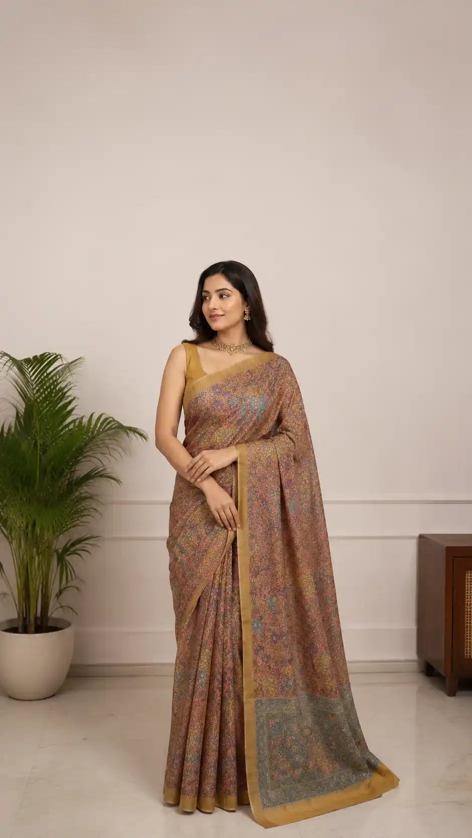 Srikalahasti kalamkari Saree in Tussar Silk in pastel pink