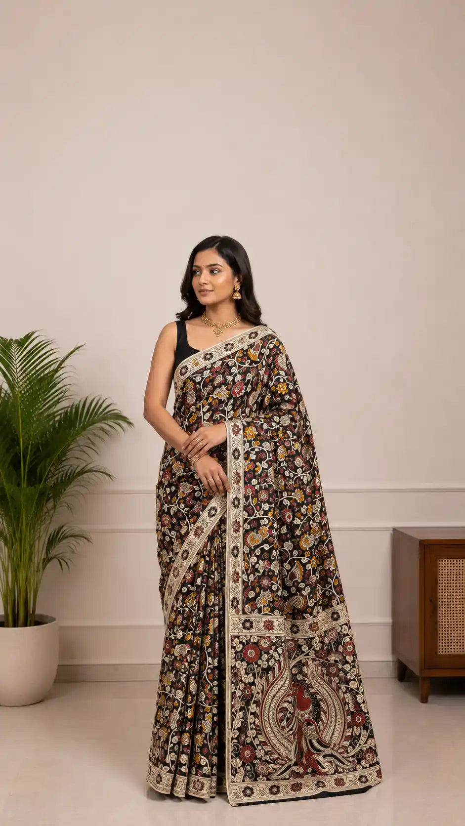 Kalamkari Cotton Saree in Black