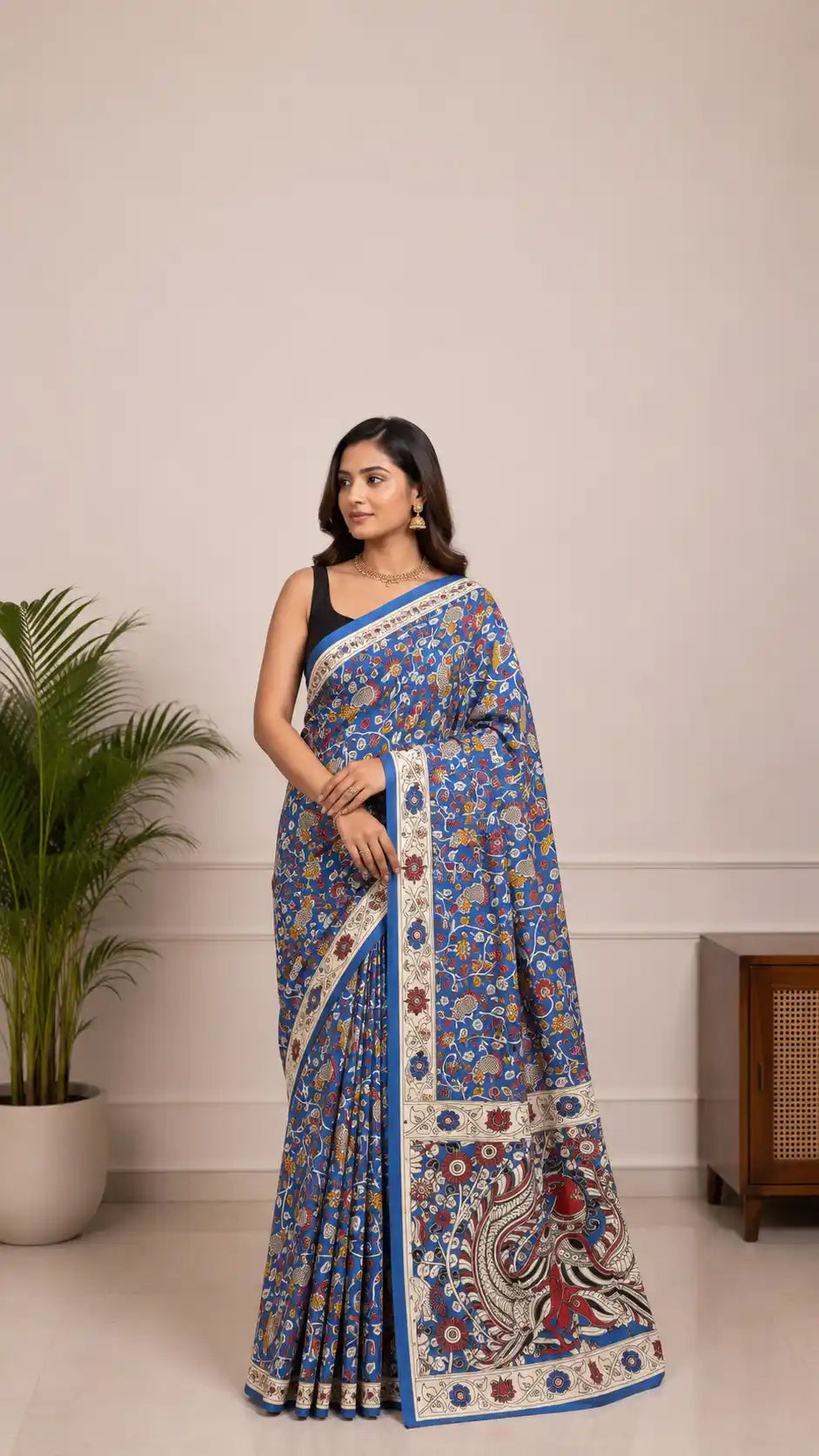 Kalamkari Cotton Saree in Blue