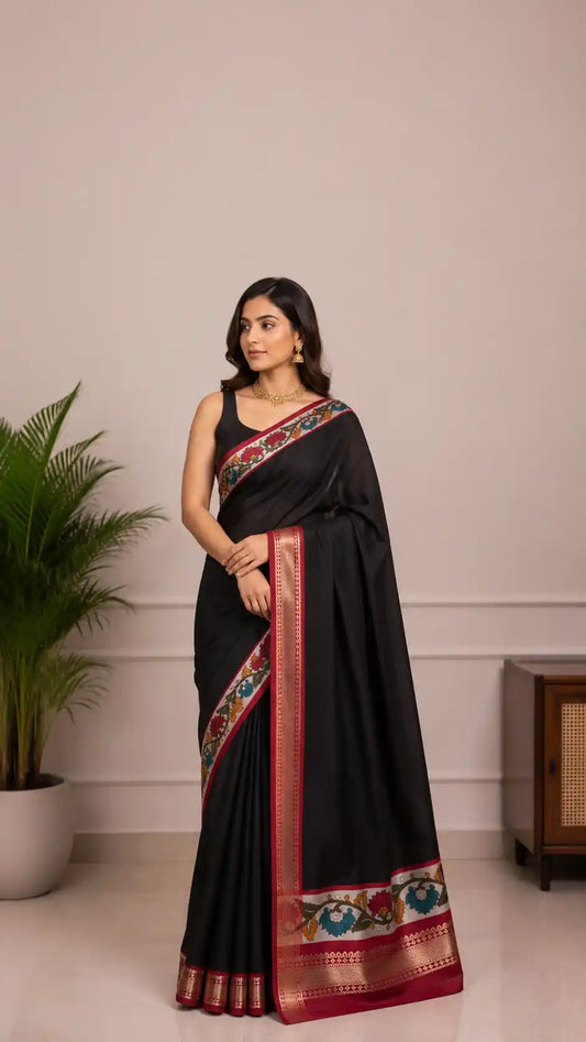 Kalamkari Block Print Chennuri Silk Saree | Hand-Painted Floral Art