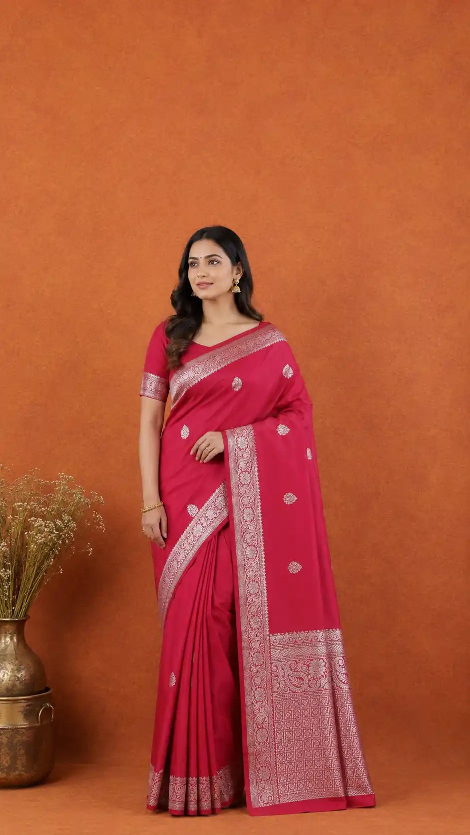 Red Kanjivaram Silk Saree | Bridal Silver Zari Wedding Wear for Women