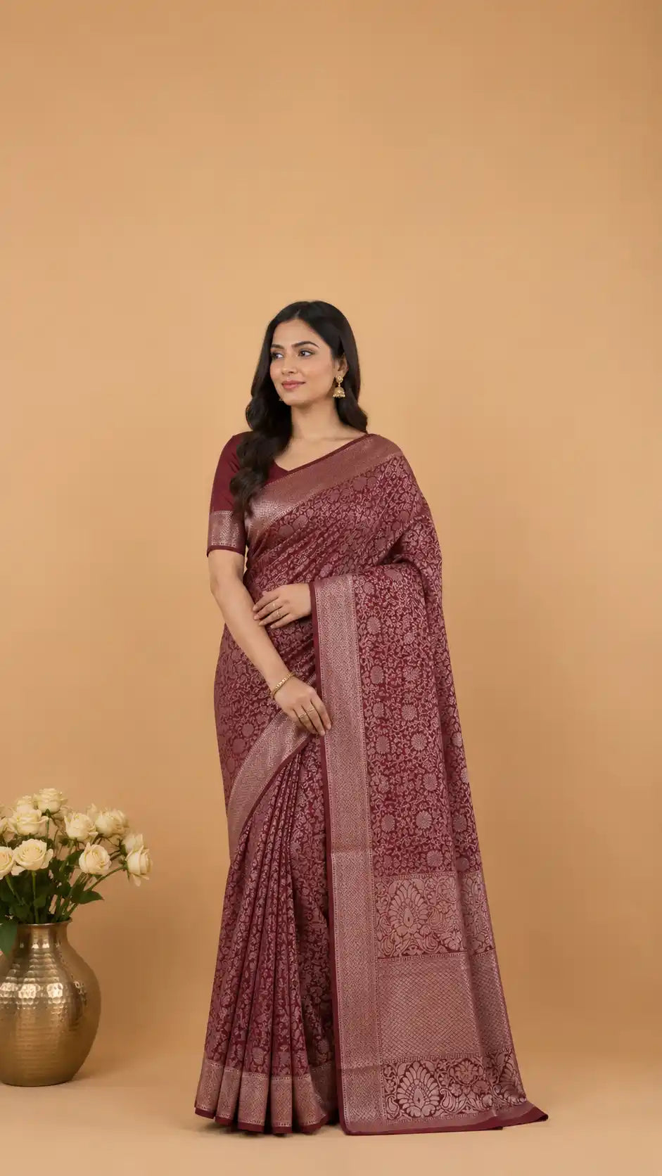 Kanjivaram Semi-Silk Saree With Silver Zari Butis Wedding and Festive Wear