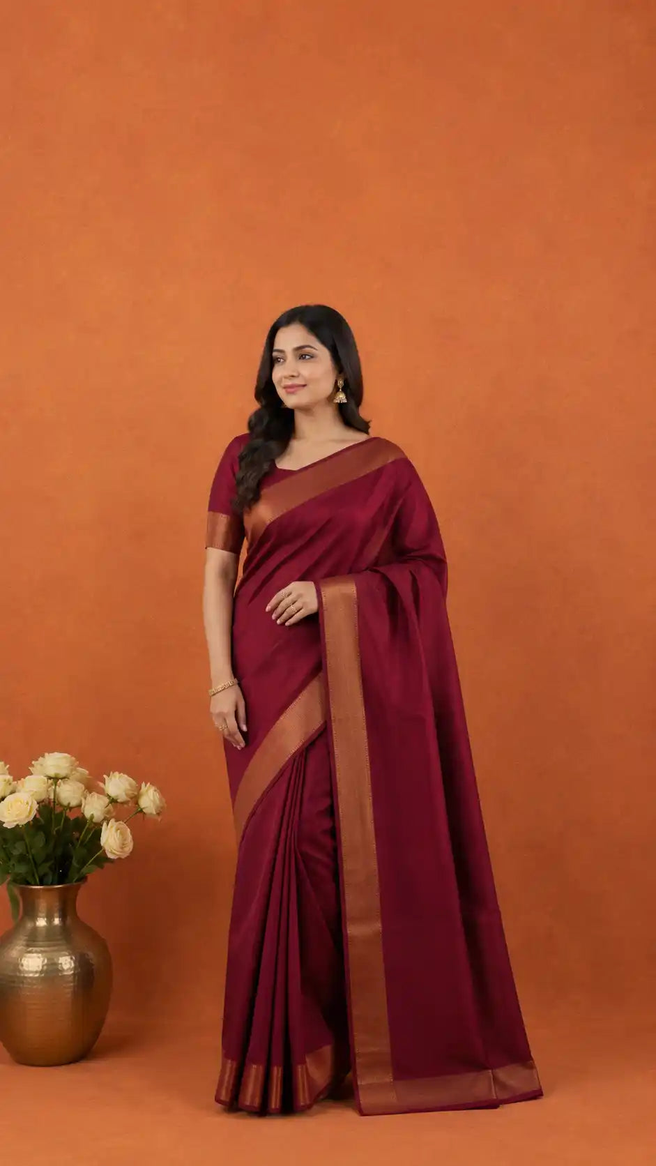 Plain Maroon Semi-Silk Kanjivaram Saree | Contrast Beige Blouse