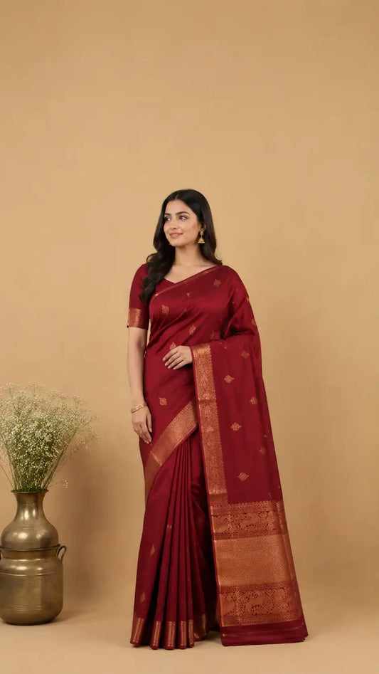 Maroon Kanjivaram Saree | Semi-Silk Wedding Saree with Gold Butis | Traditional South Indian Silk Saree