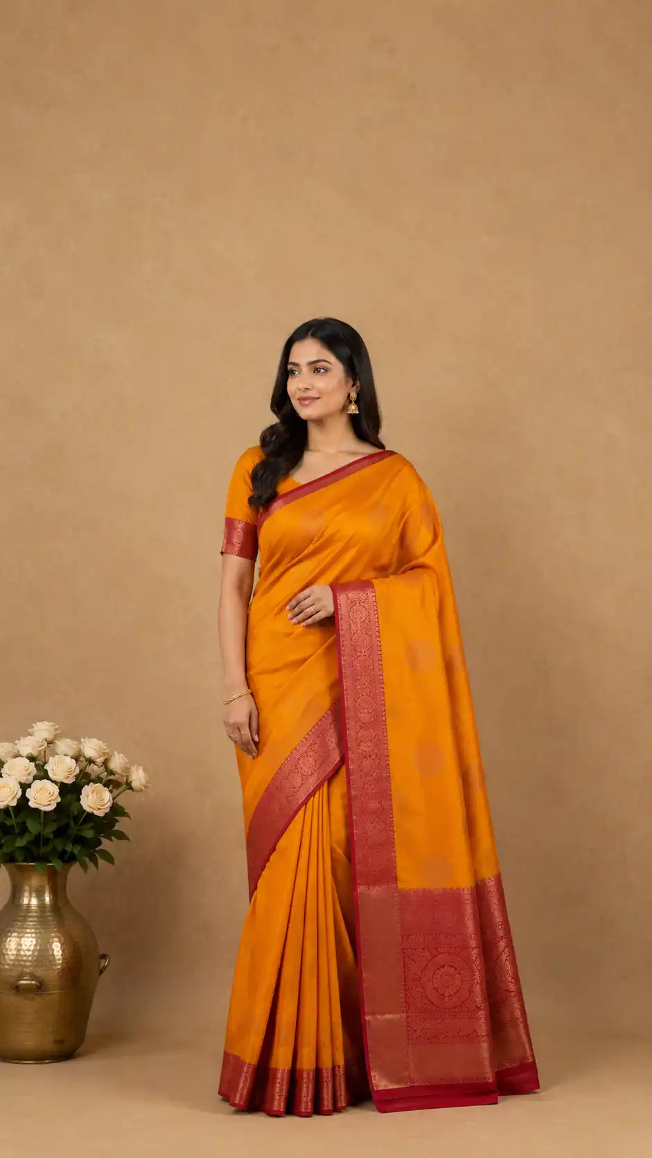 Yellow and Red Kanjivaram Saree | Semi Silk Wedding Saree | Traditional South Indian Silk Saree