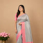 Bluish Grey Kanjivaram Saree | Pink Contrast Border Semi Silk | Wedding & Party Wear Saree