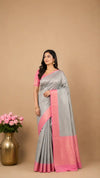 Bluish Grey Kanjivaram Saree | Pink Contrast Border Semi Silk | Wedding & Party Wear Saree